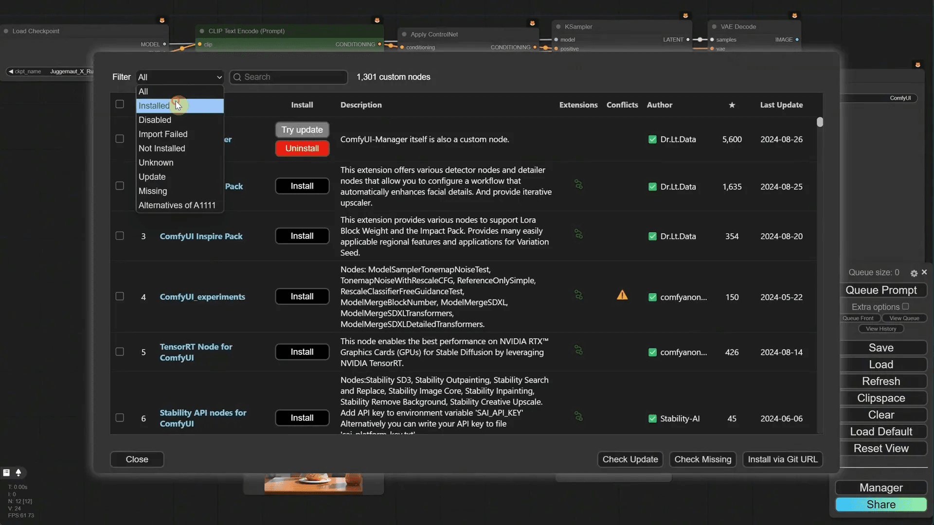 Custom Node Manager interface showing installed nodes
