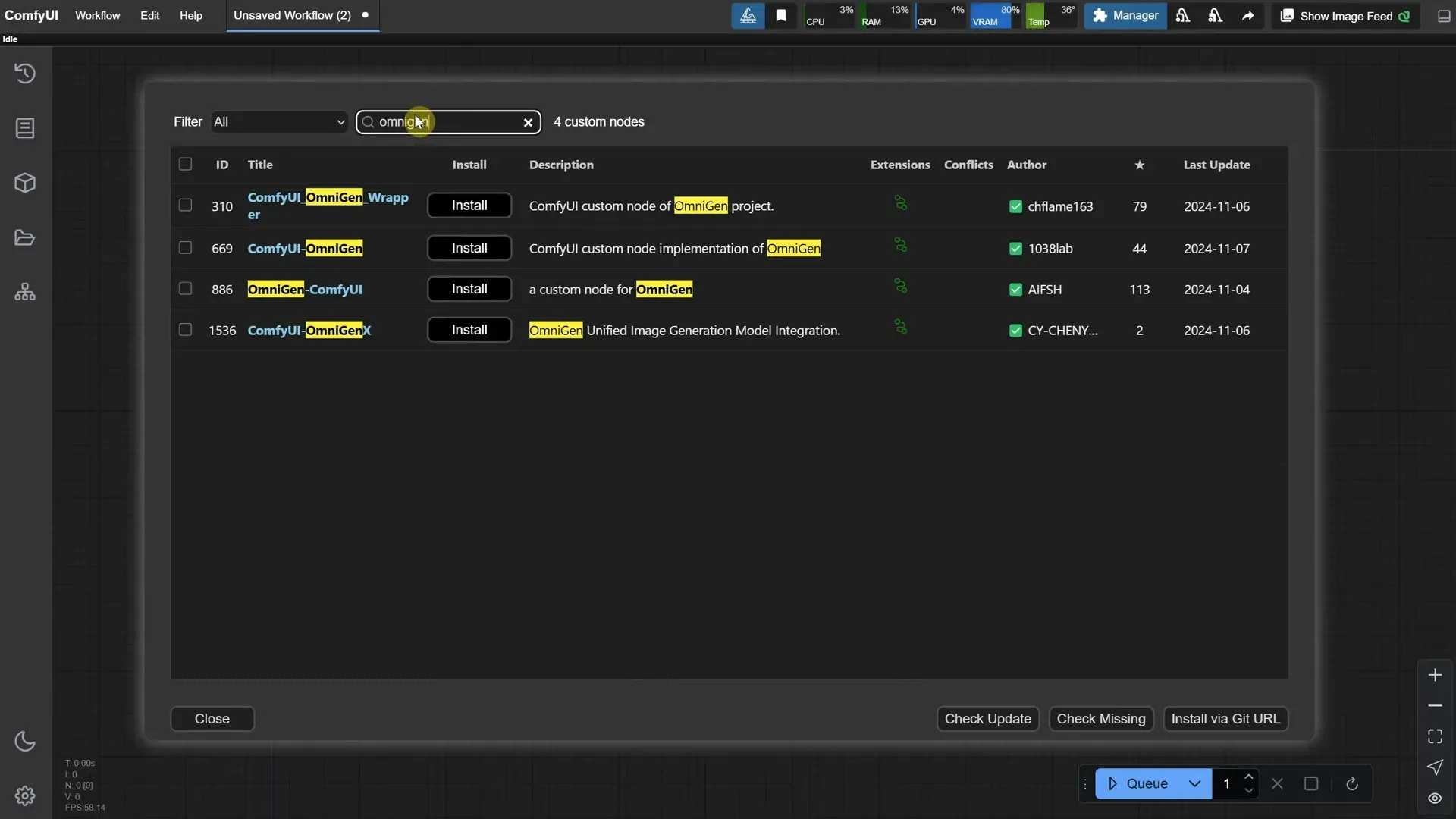 การค้นหา OmniGen ใน Custom Nodes Manager