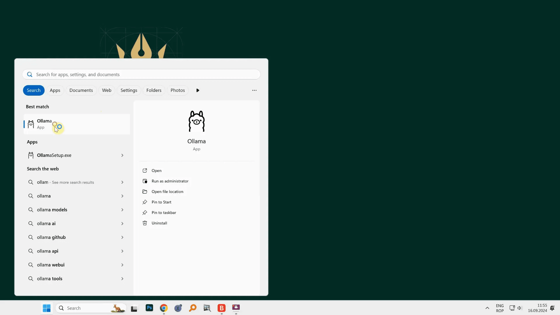 การเปิด Ollama จากเมนูเริ่มต้น