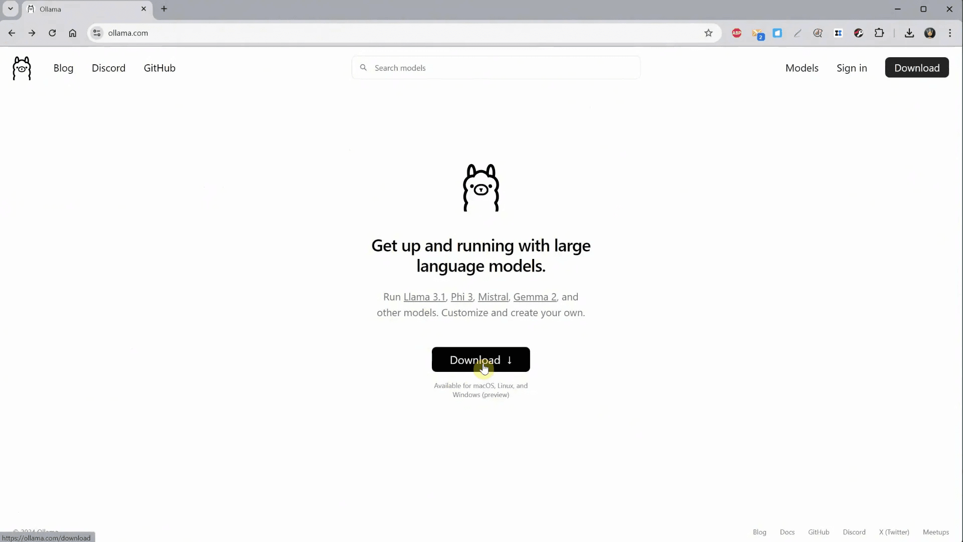 หน้าจอการดาวน์โหลด Ollama สำหรับ Windows