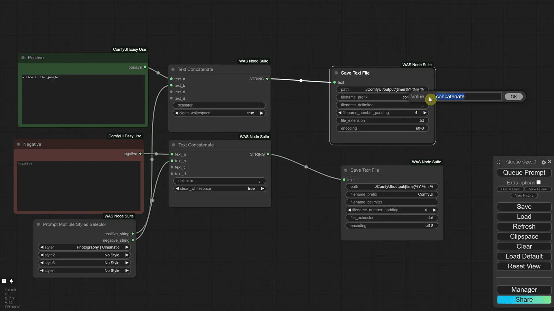 การเชื่อมต่อ Text Concatenate กับ Save Text File Node