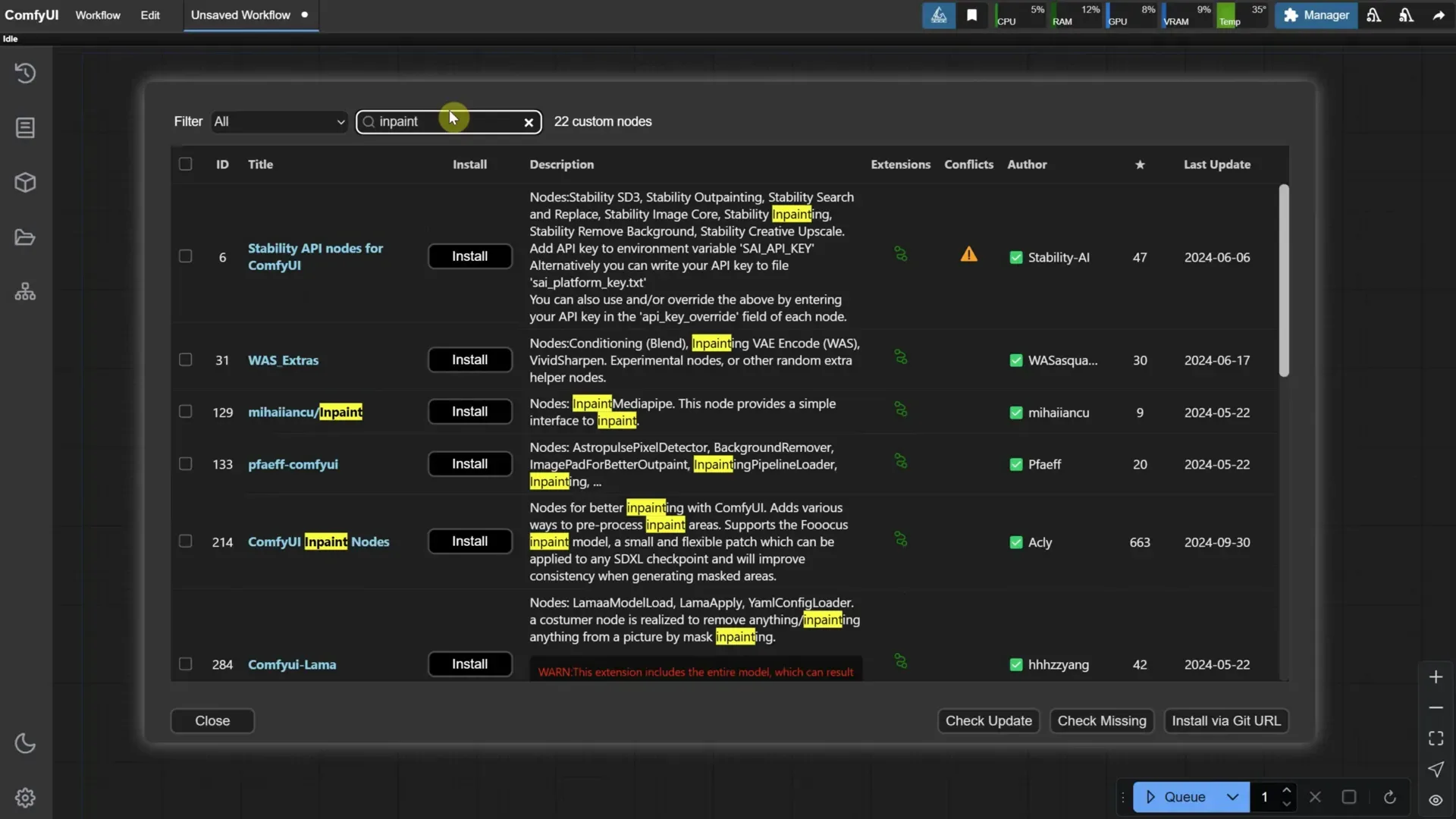 Custom Nodes Manager in ComfyUI
