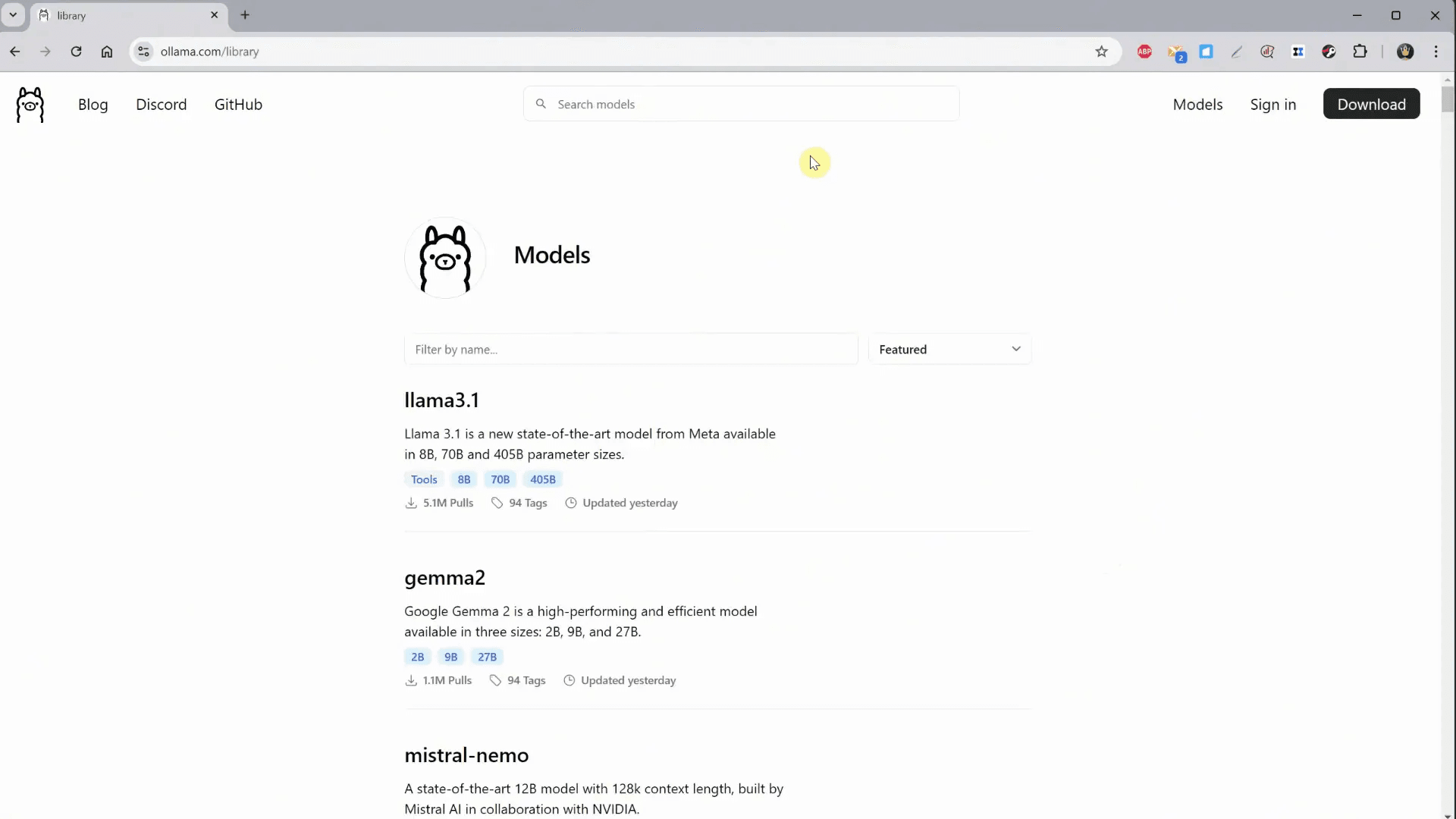 รายการโมเดลในเว็บไซต์ Ollama