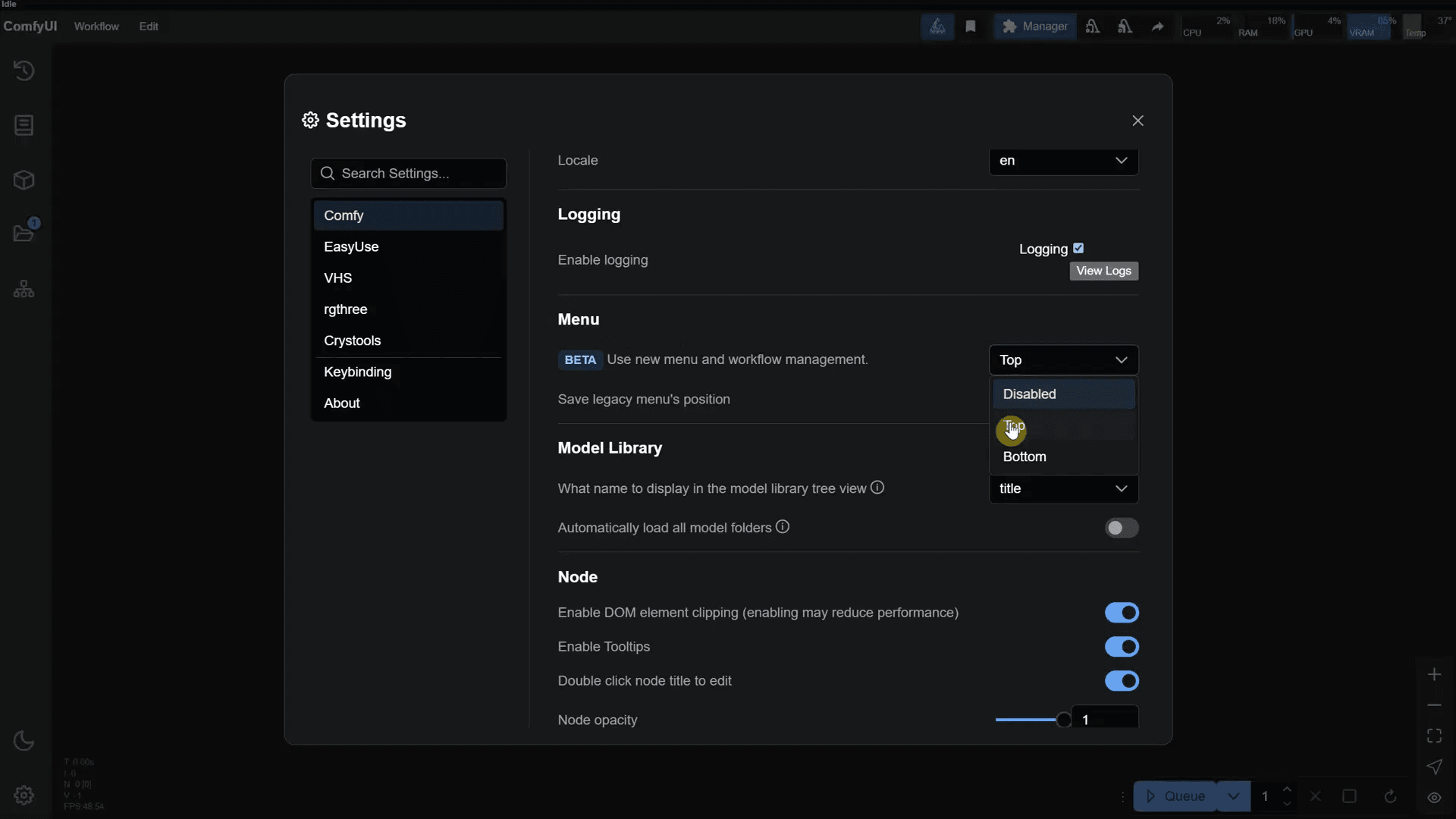 ภาพแสดงส่วนติดต่อผู้ใช้ใหม่ของ Comfy UI